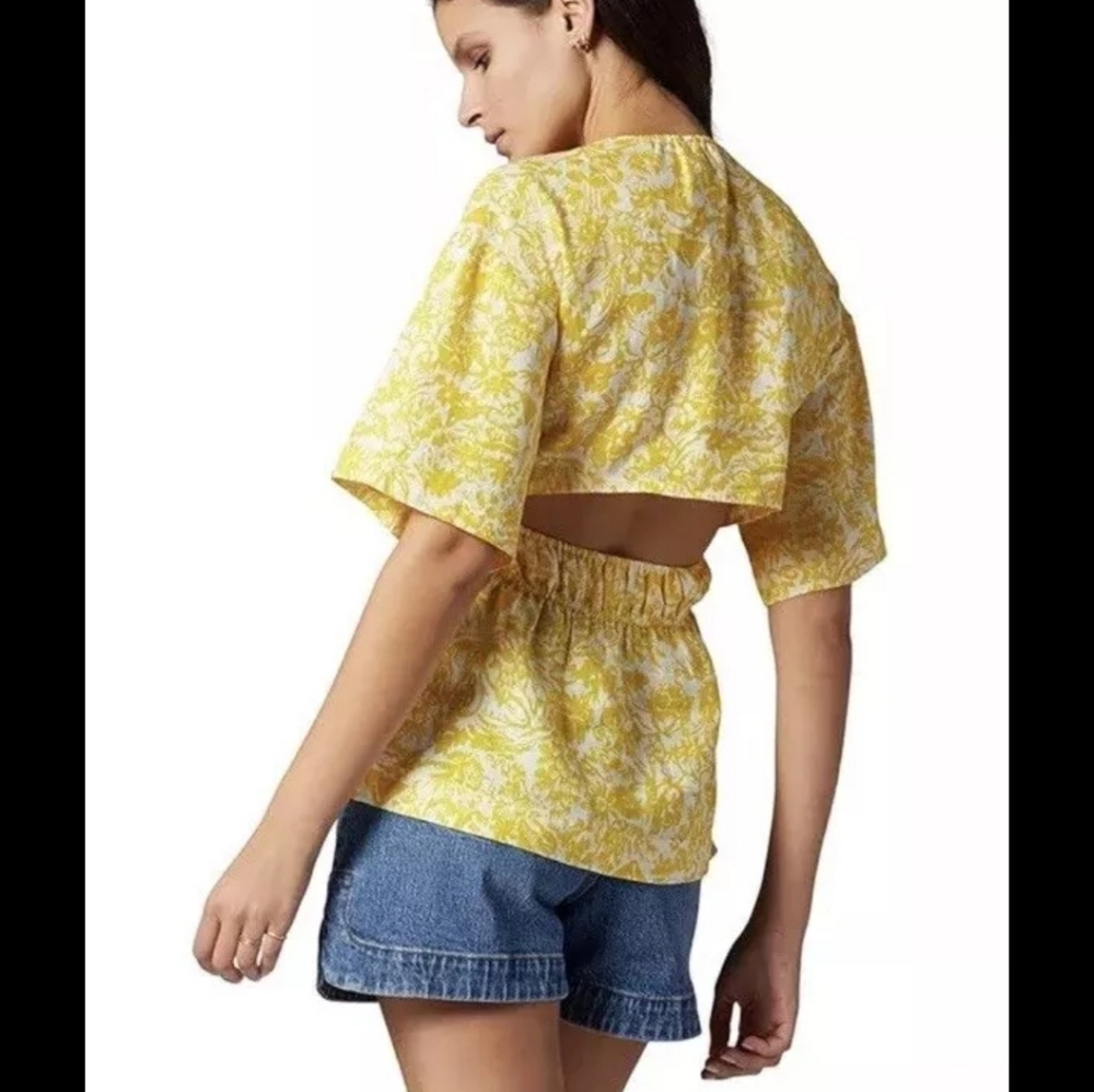Joie NWT Renae B Yellow Floral Linen Shirt Peekaboo Cutout Back Stretch Top Sz S - Picture 2 of 13